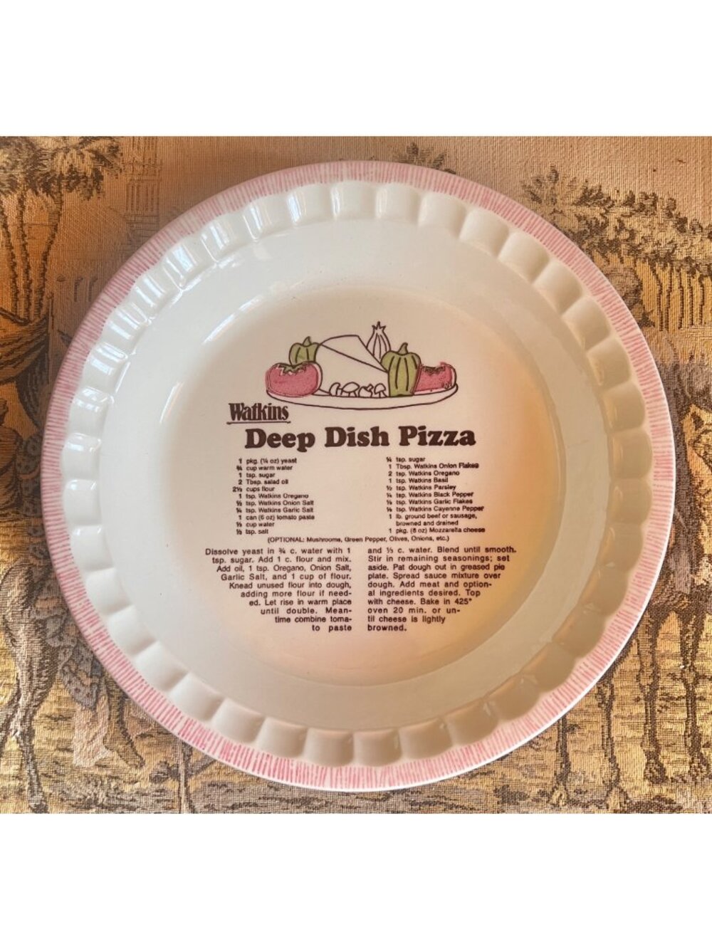 Watkins Pie Pan Deep Dish Pizza Recipe 11" Ceramic 1981 White Pink Granny Core